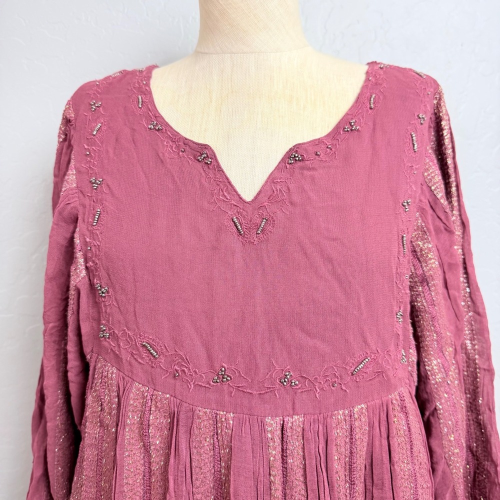 NWT Raga Women Small Plum Purple Beaded Metallic Stripe Babydoll Mini Dress Boho - Picture 3 of 12